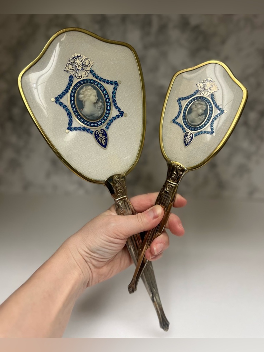 Vintage Hollywood Regency Large 14" Mirror & Brush Set - Blue Cameo Filigree